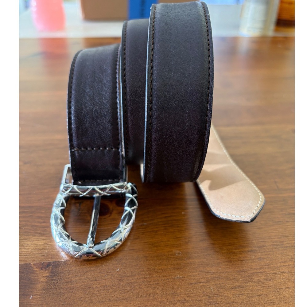 Talbots Dark Brown‎ Italian Leather Belt Silver Etched Horseshoe Buckle L 6001
